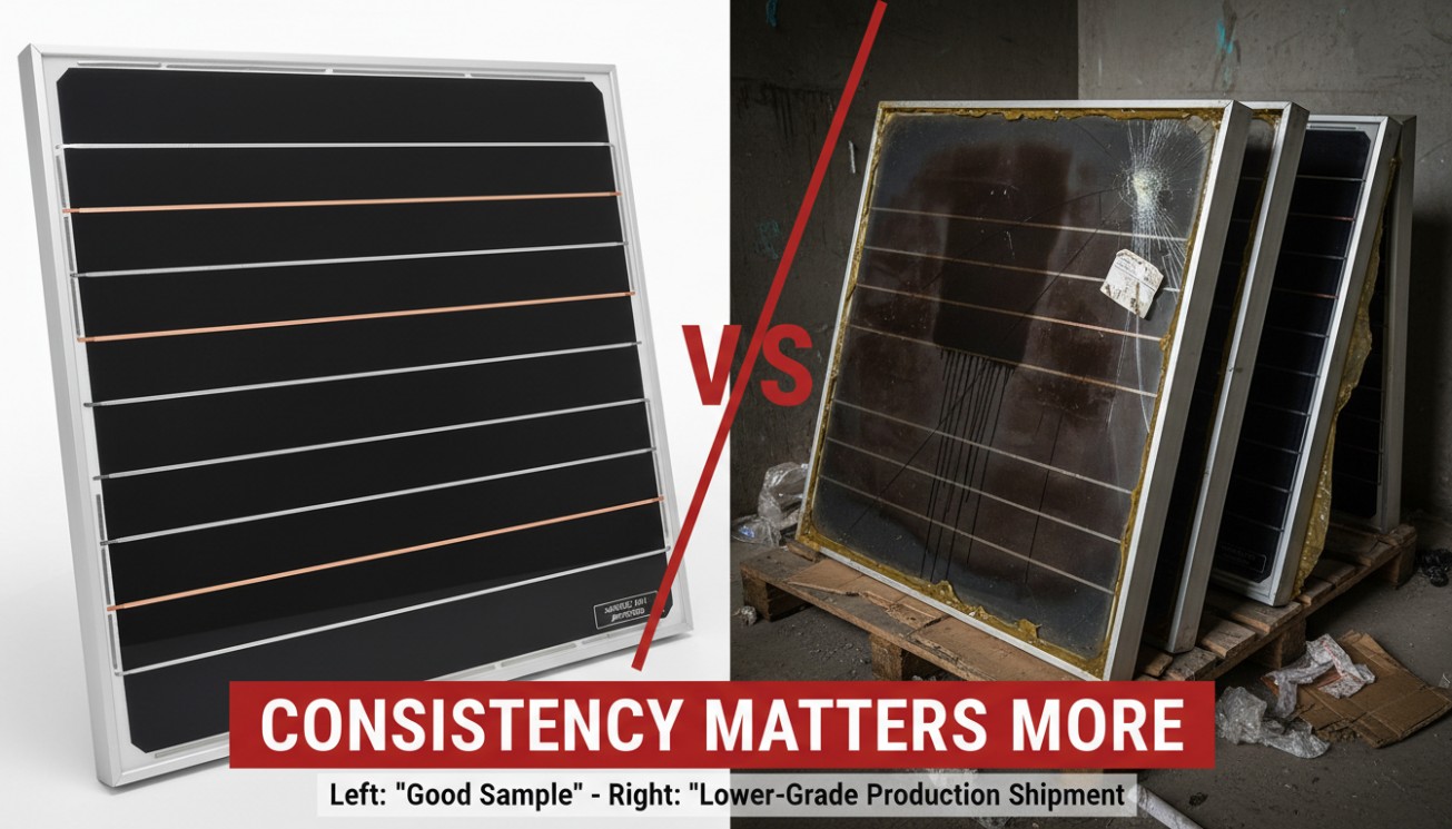 Flat plate solar collector sample versus lower-grade production shipment showing why manufacturing consistency matters for B2B buyers